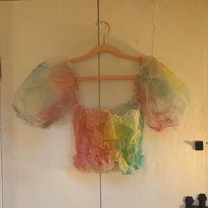 Colorful Rainbow Sheer Puff Sleeve Top